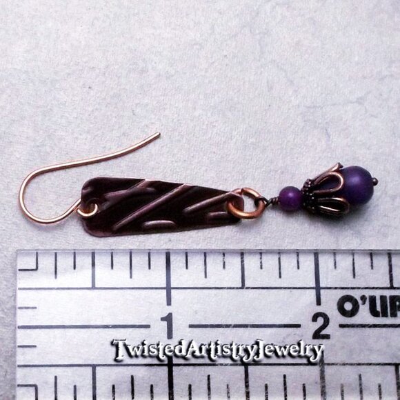 Purple Jade and Copper Freeform Inverted Triangle Earrings - Picture 4 of 4